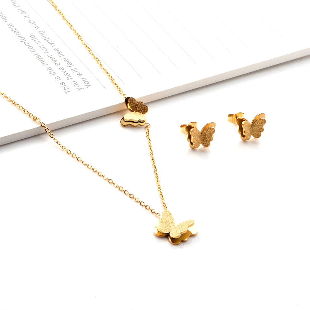 LUXUSTEEL Butterfly Necklace & Earrings Set – Golden Pendant