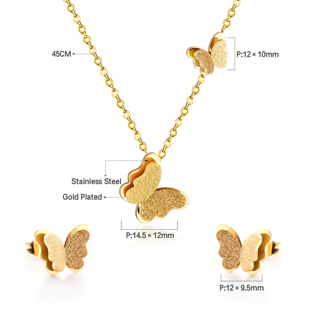 LUXUSTEEL Butterfly Necklace & Earrings Set – Golden Pendant