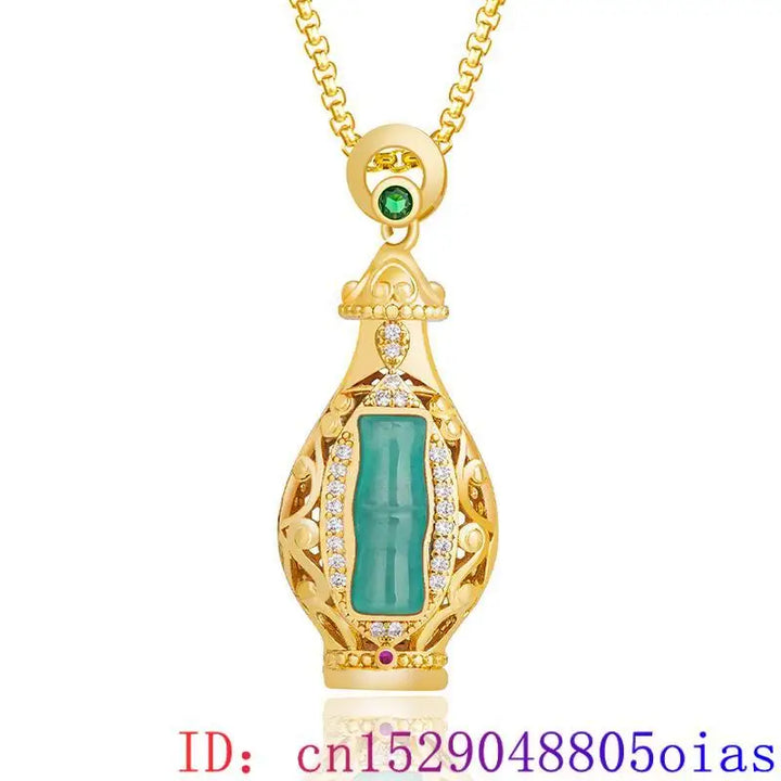 Blue Jadeite Vase Pendant – 18K Gold-Plated Amulet Necklace