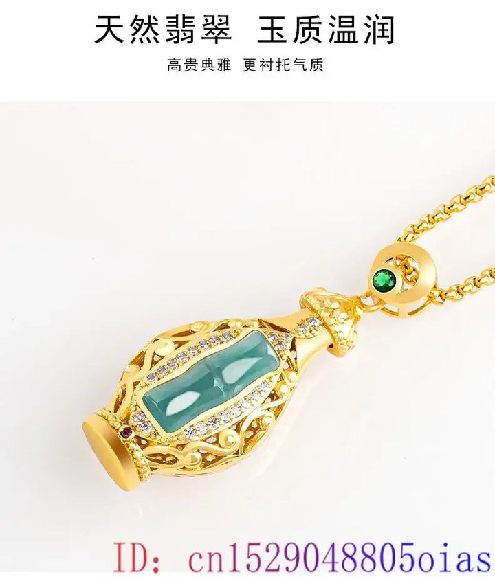 Blue Jadeite Vase Pendant – 18K Gold-Plated Amulet Necklace