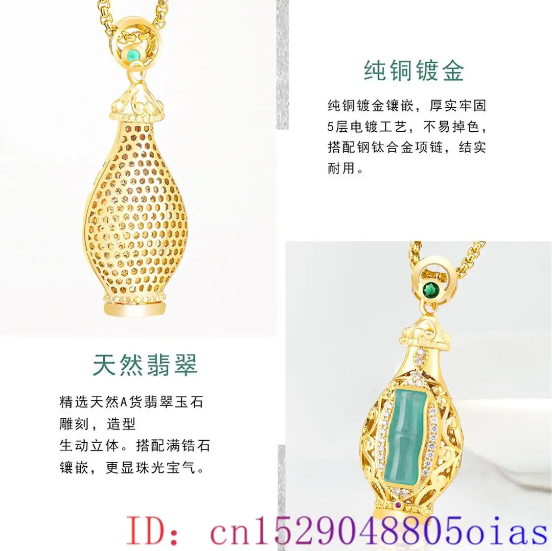 Blue Jadeite Vase Pendant – 18K Gold-Plated Amulet Necklace