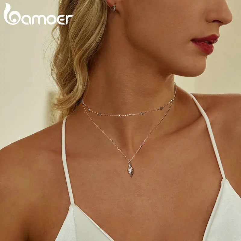 BAMOER 925 Silver Conch Pendant – Layered Choker Necklace