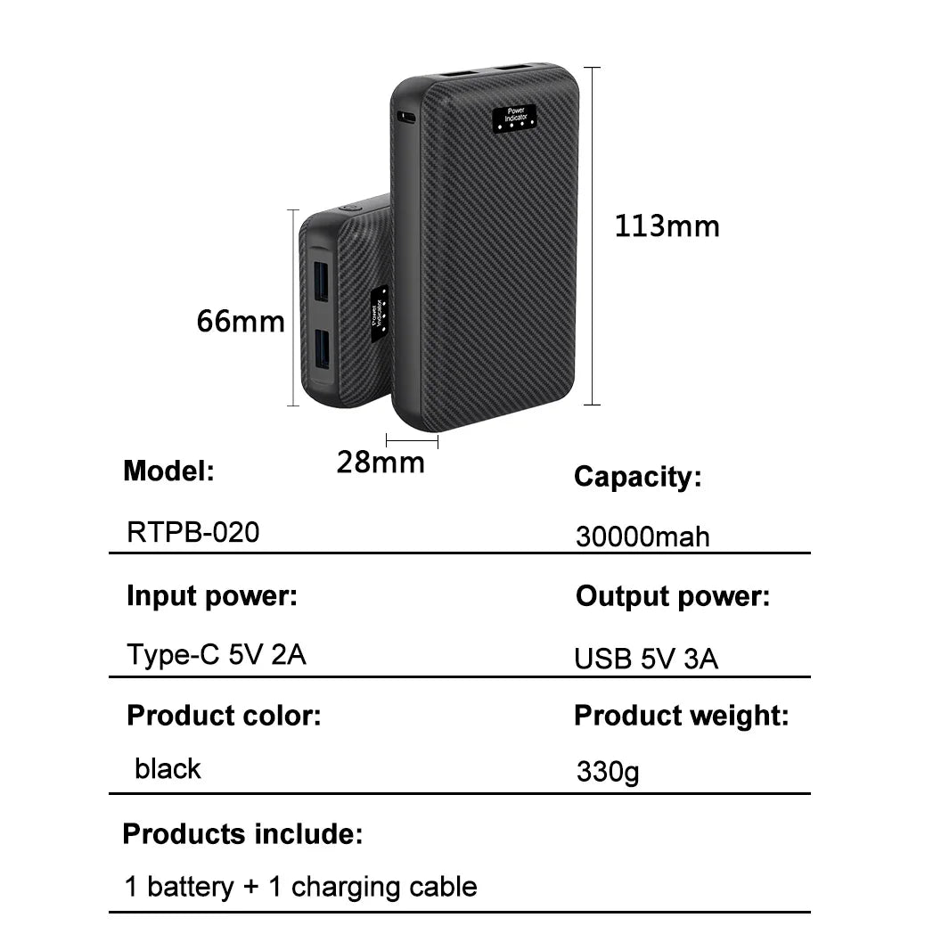 30000mAh Power Bank – Portable Charger for Heated Clothing