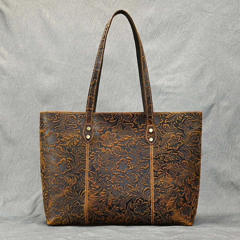 Vintage Embossed Leather Handbag – Women’s Shoulder Tote