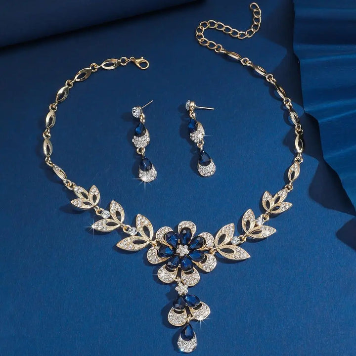 3PCS Bridal Crystal Jewelry Set – Gold Necklace & Earrings