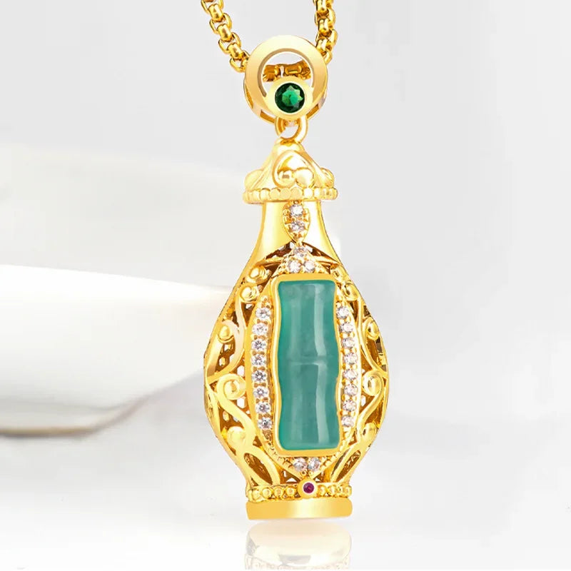 Blue Jadeite Vase Pendant – 18K Gold-Plated Amulet Necklace