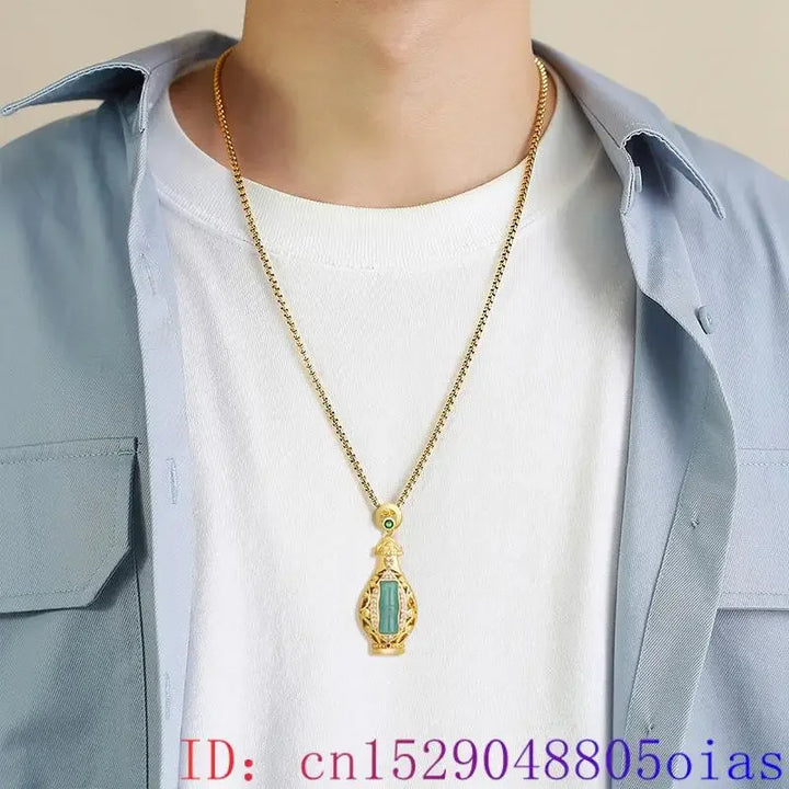 Blue Jadeite Vase Pendant – 18K Gold-Plated Amulet Necklace