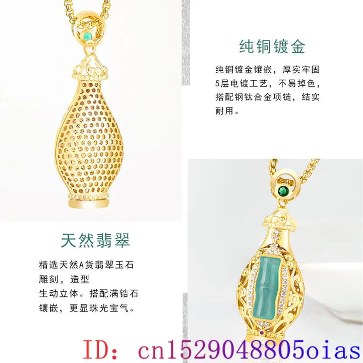 Blue Jadeite Vase Pendant – 18K Gold-Plated Amulet Necklace