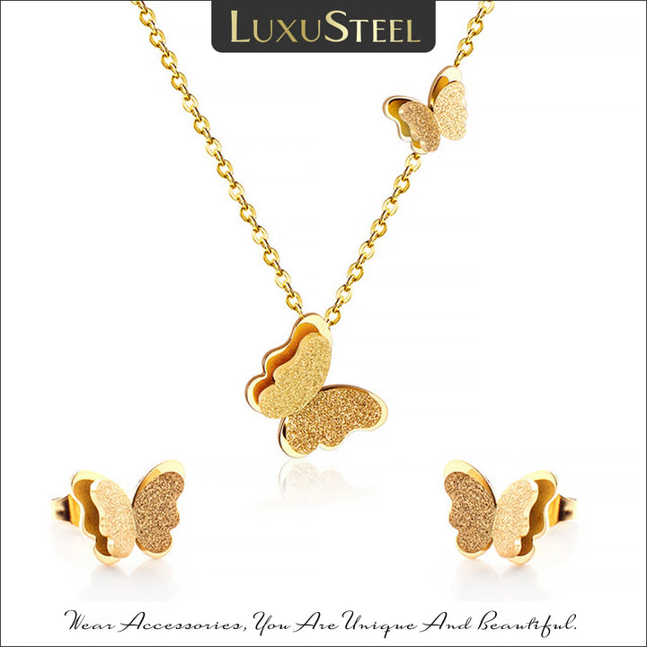 LUXUSTEEL Butterfly Necklace & Earrings Set – Golden Pendant