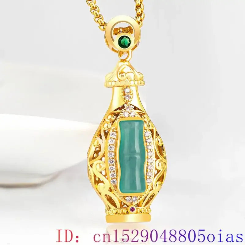 Blue Jadeite Vase Pendant – 18K Gold-Plated Amulet Necklace